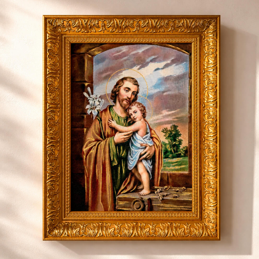Cuadro Gobelino San José con el Niño Jesús Marco Dorado 55x41cm