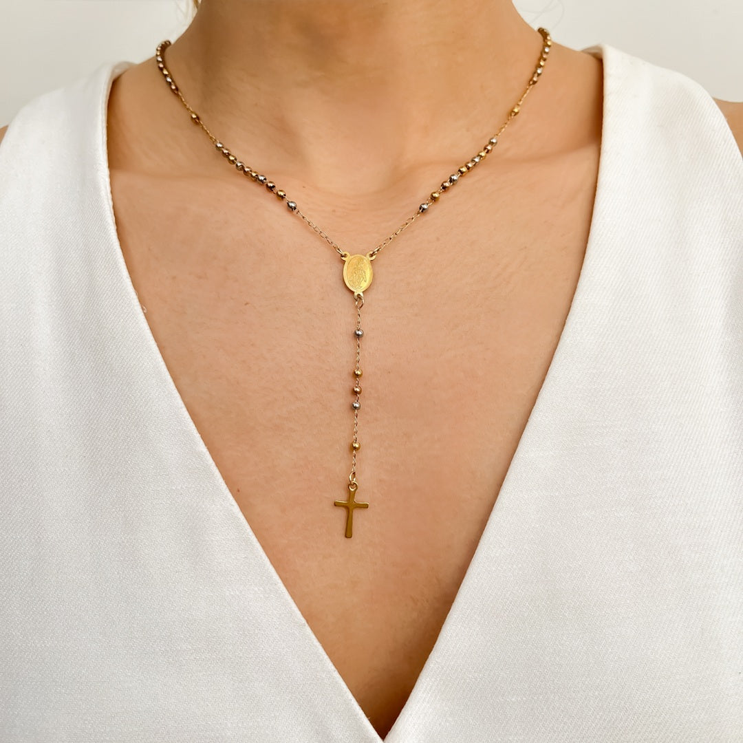 Rosario de Acero Tres Tonos con Cadena Dorada – VII Sacramentos Colombia