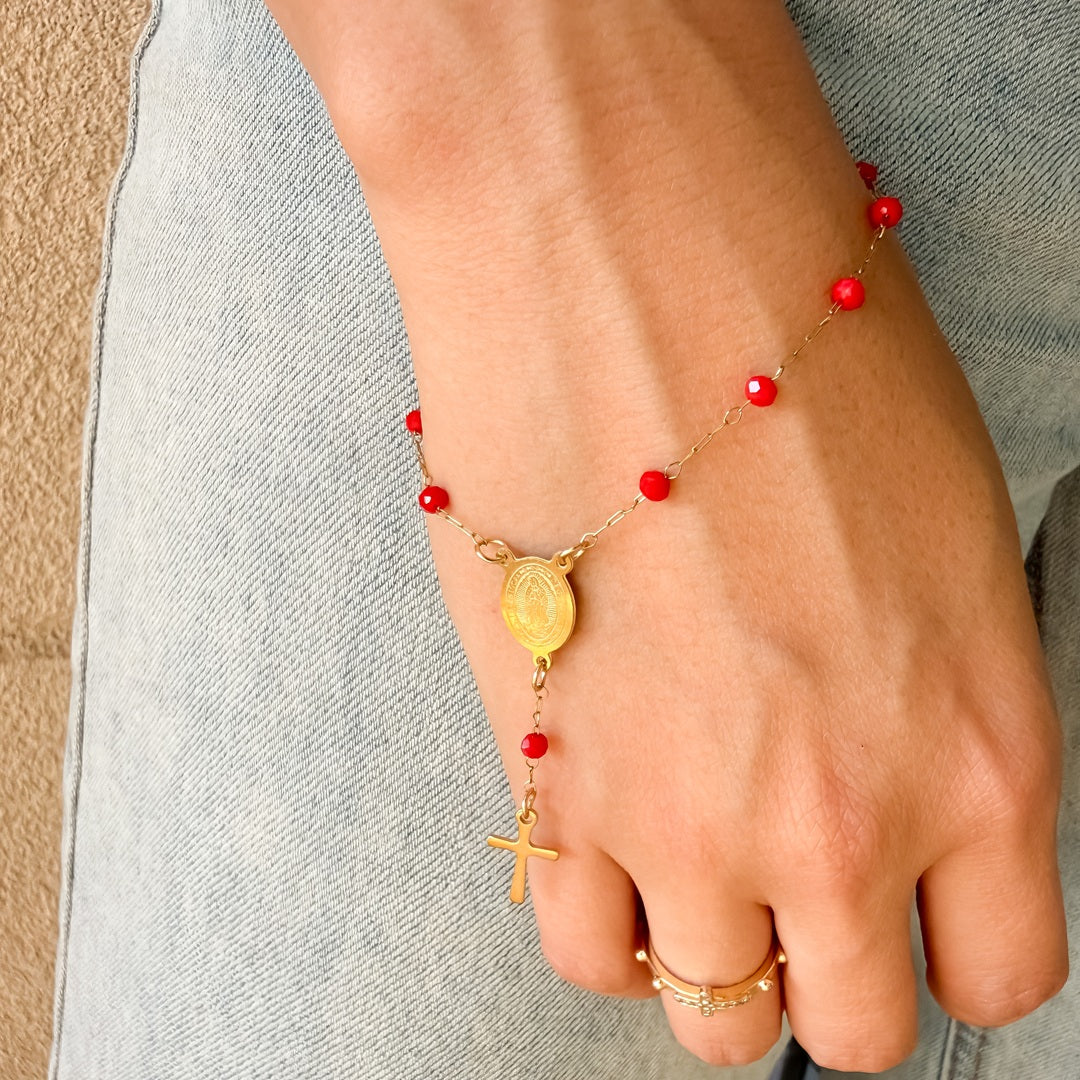 Pulsera Denario en Acero con Cuentas de Murano Rojo – VII Sacramentos Colombia
