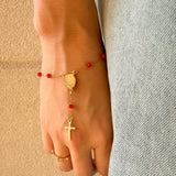 Pulsera Denario en Acero con Cuentas de Murano Rojo – VII Sacramentos Colombia