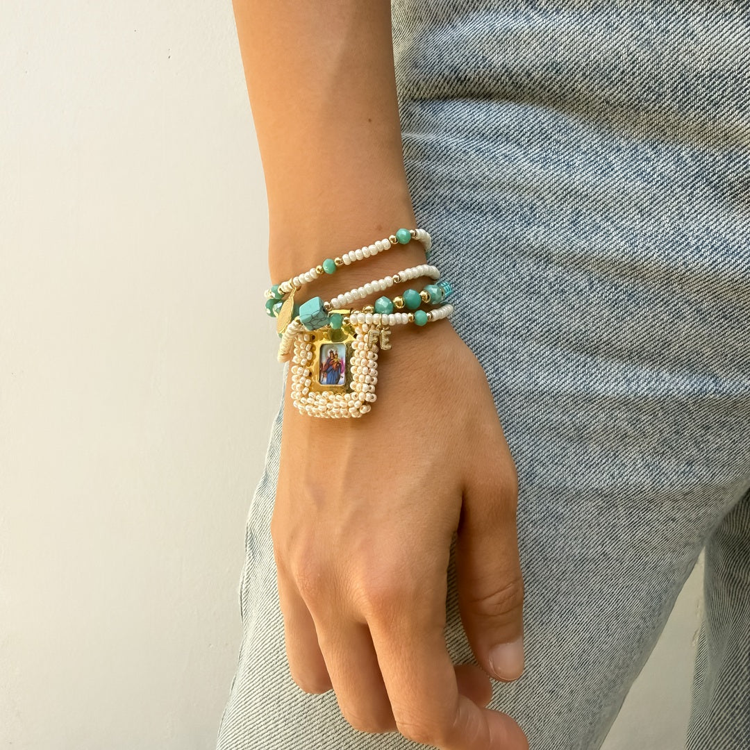 Pulsera Escapulario Azul con Mostacillas y Dijes de Fé - VII Sacramentos Colombia