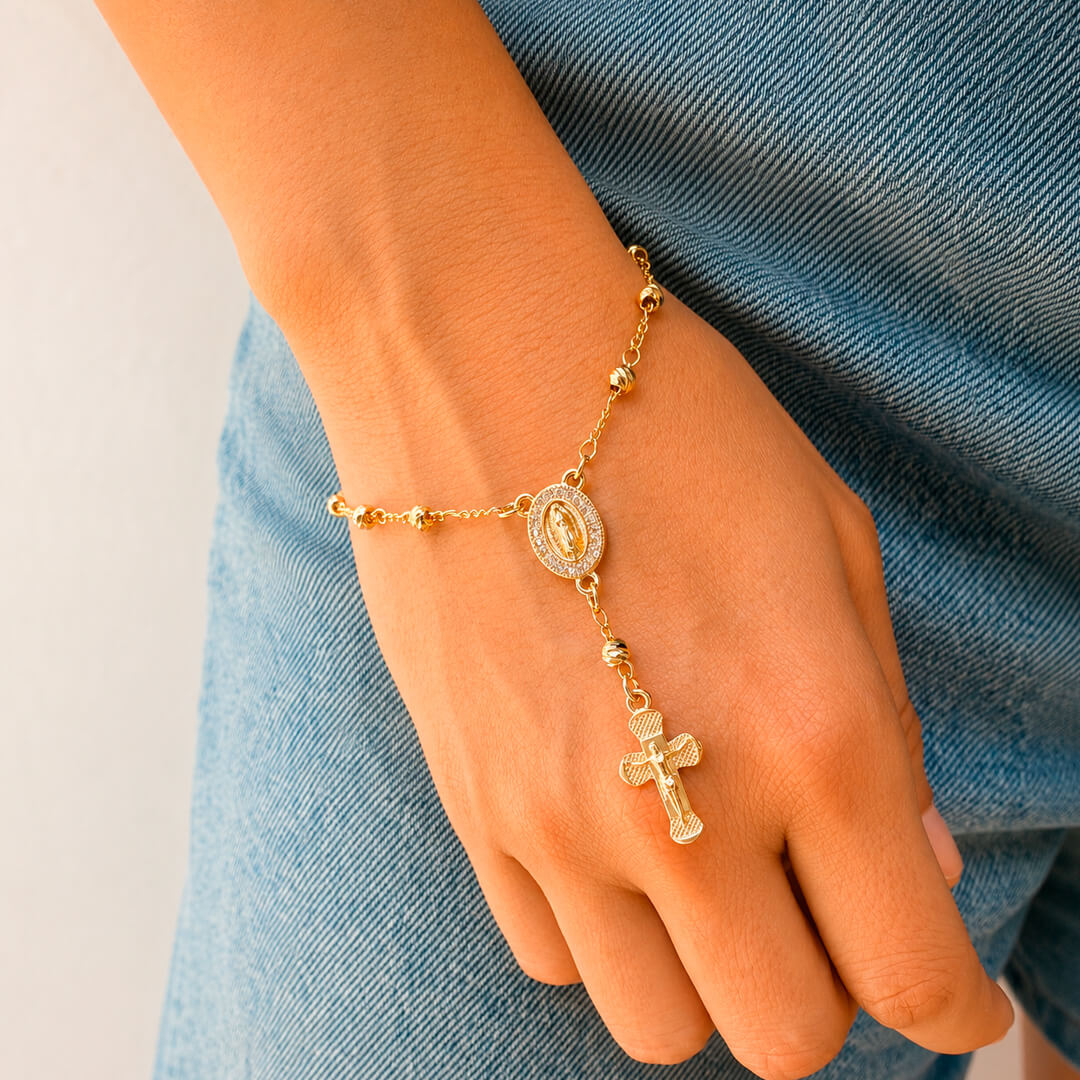 Pulsera Denario Baño de Oro con Virgen de Guadalupe y Cruz