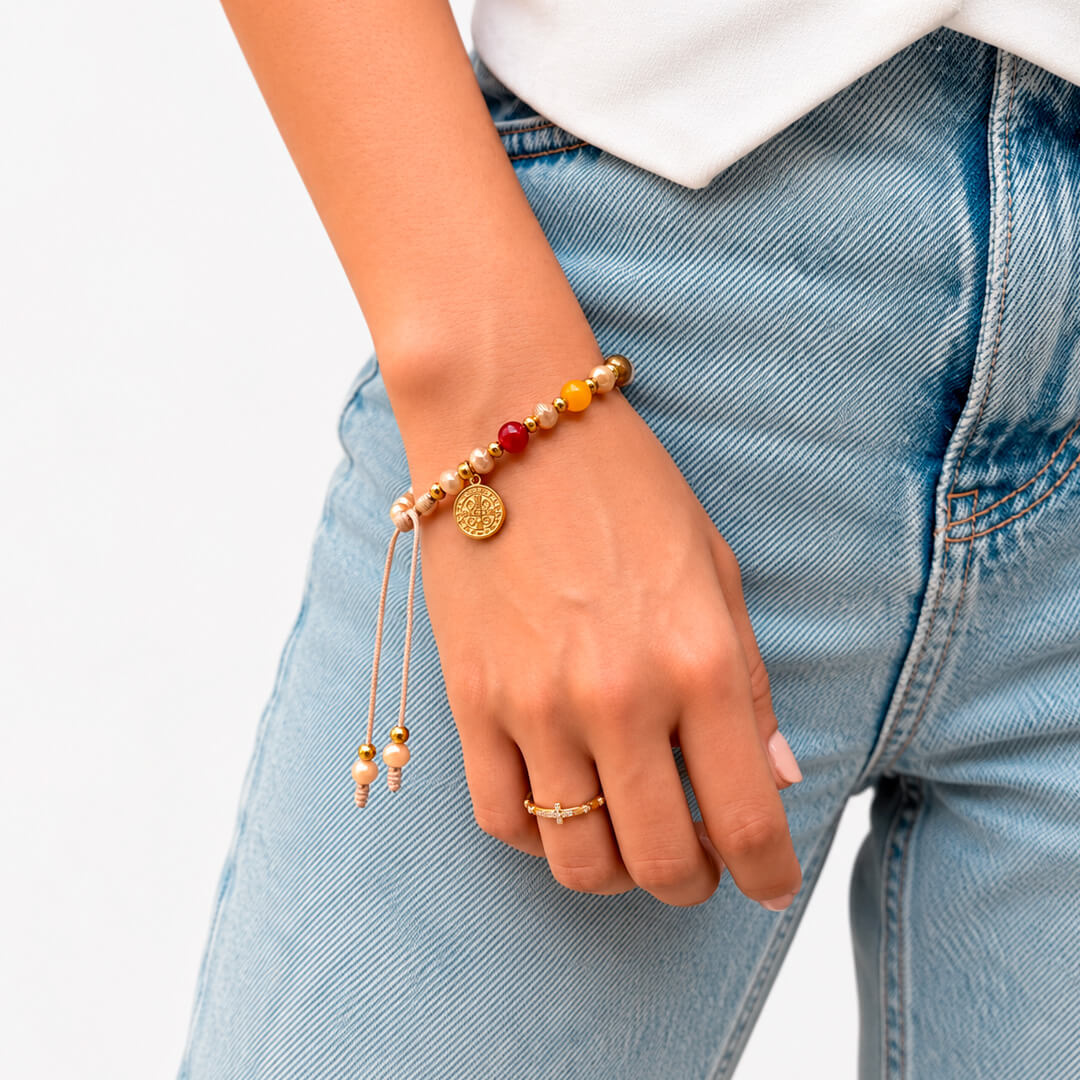 Pulsera Piedra Colores y Murano con Medalla San Benito Acero