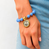 Pulsera Balín Dorado Murano Azul con Medalla Milagrosa
