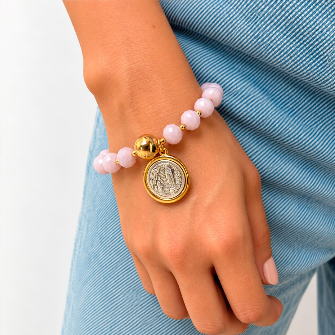 Pulsera Balín Dorado Murano Morado con Medalla Lourdes