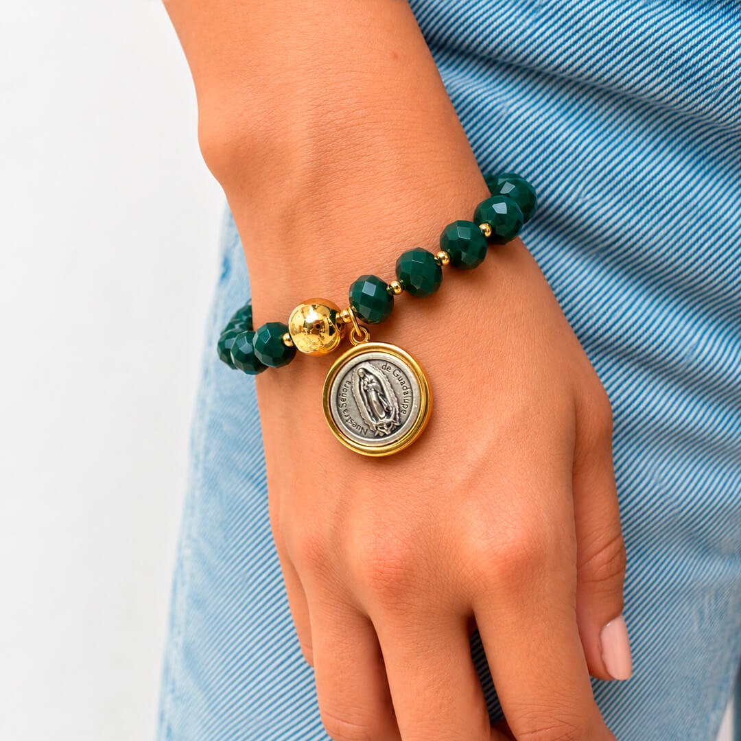 Pulsera Balín Dorado Murano Verde con Medalla Guadalupe