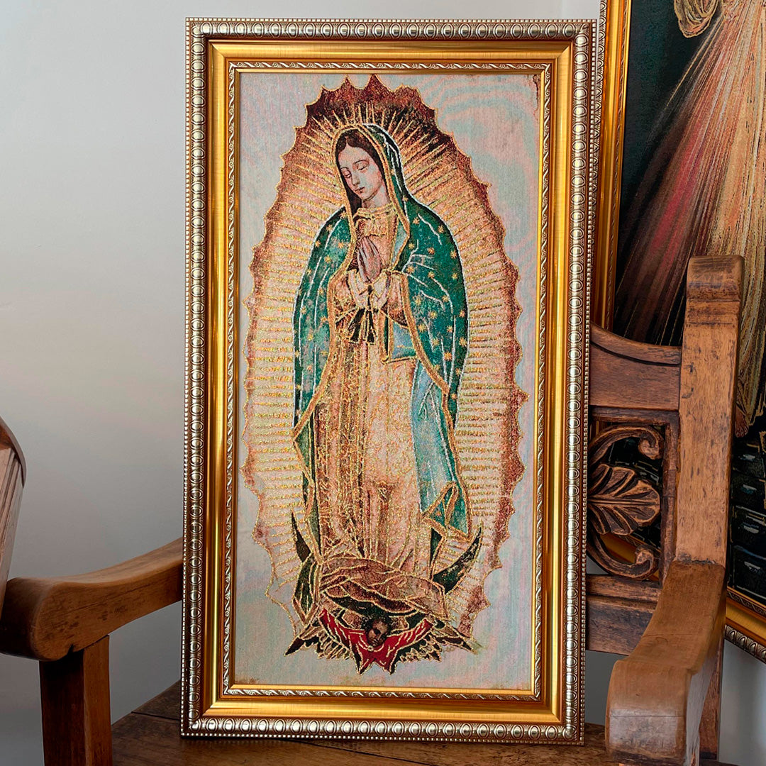 Cuadro Religioso de la Virgen de Guadalupe - Lienzo Tipo Gobelino con Marco – VII Sacramentos Colombia