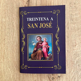 Portada del libro Treintena a San José en color morado con detalles dorados e imagen clásica de San José y el Niño Jesús.