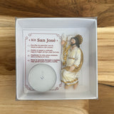 Kit devocional de San José Dormido en caja blanca con tapa transparente para regalo VII Sacramentos