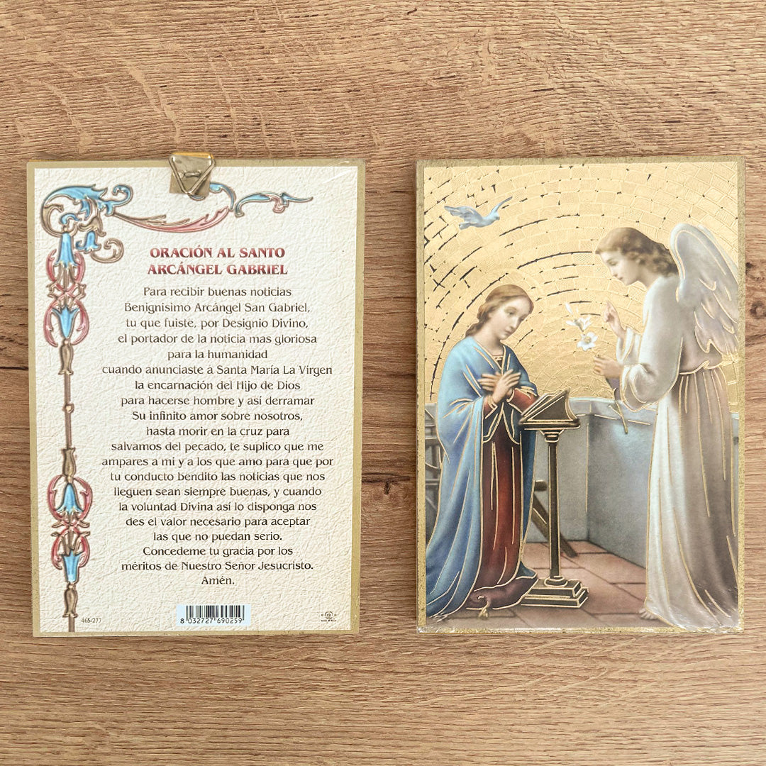 Retablo en Madera para Colgar con Imagen del Arcángel San Gabriel y Oración – VII Sacramentos Colombia