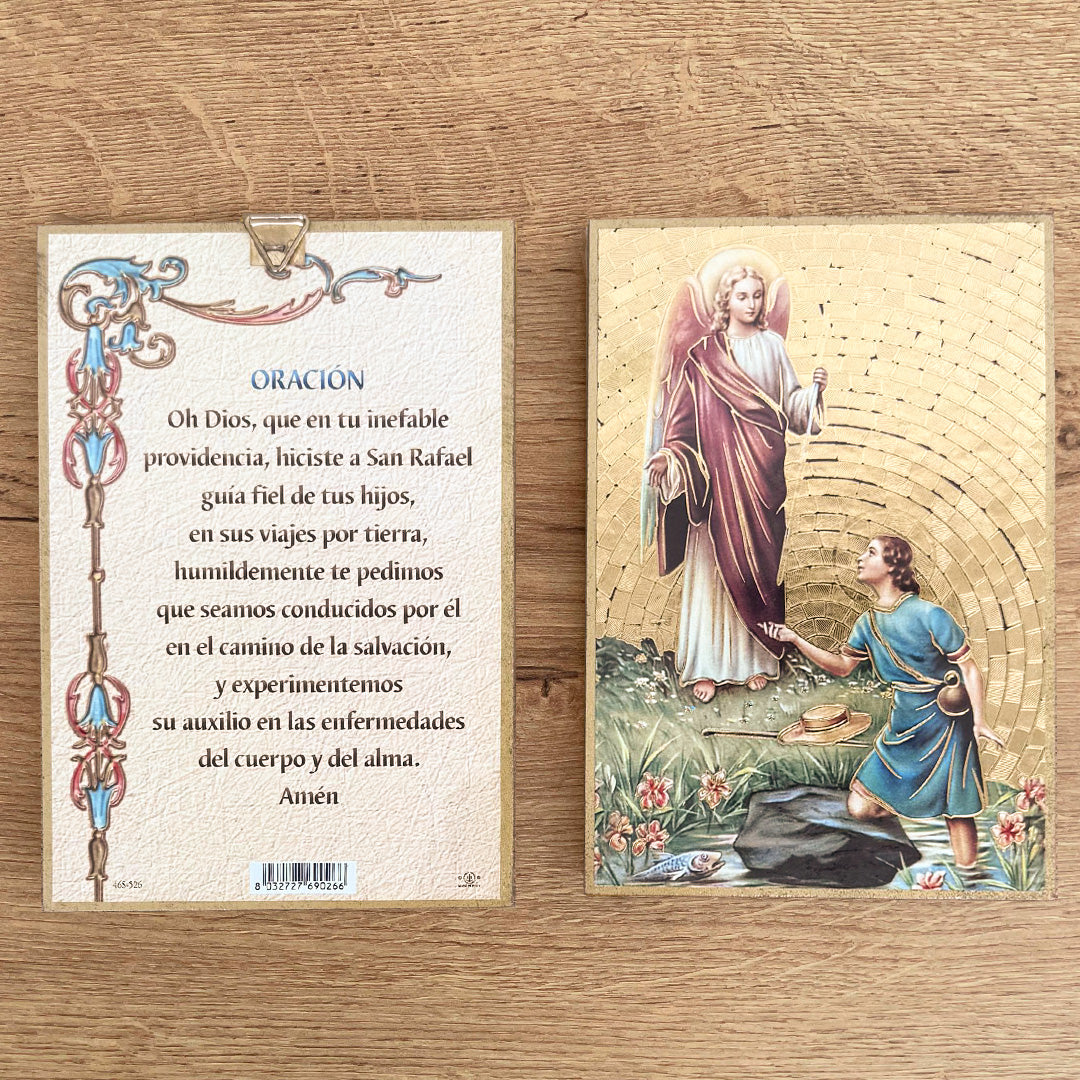 Retablo en Madera para Colgar con Imagen del Arcángel San Rafael y Oración – VII Sacramentos Colombia