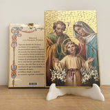 Retablo en Madera para Colgar con Imagen Icono de la Sagrada Familia con Oración
