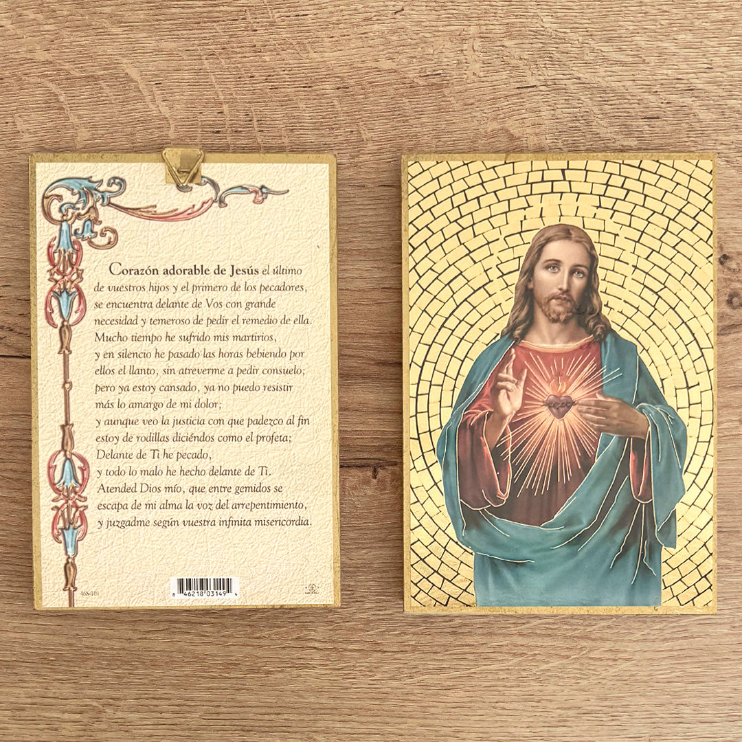 Retablo en Madera para Colgar con Imagen del Sagrado Corazón de Jesús y Oración – VII Sacramentos Colombia