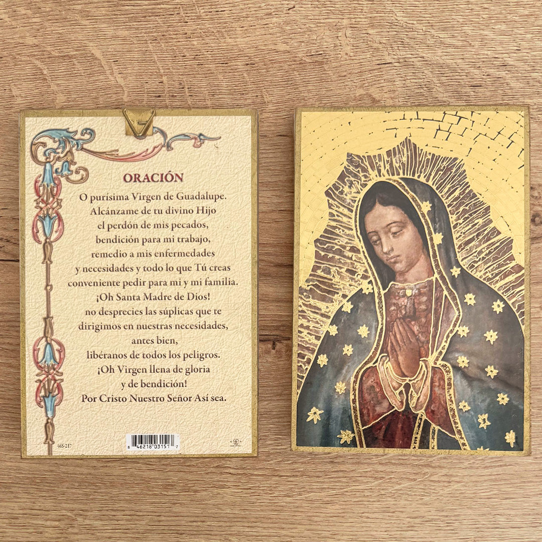 Retablo en Madera para Colgar con Imagen de la Virgen de Guadalupe y Oración – VII Sacramentos Colombia