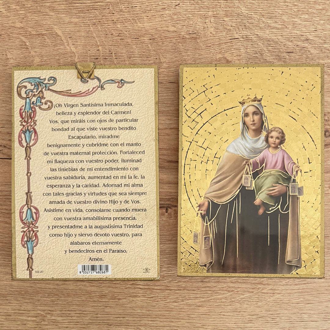 Retablo en Madera para Colgar con Imagen de la Virgen del Carmen y Oración – VII Sacramentos Colombia