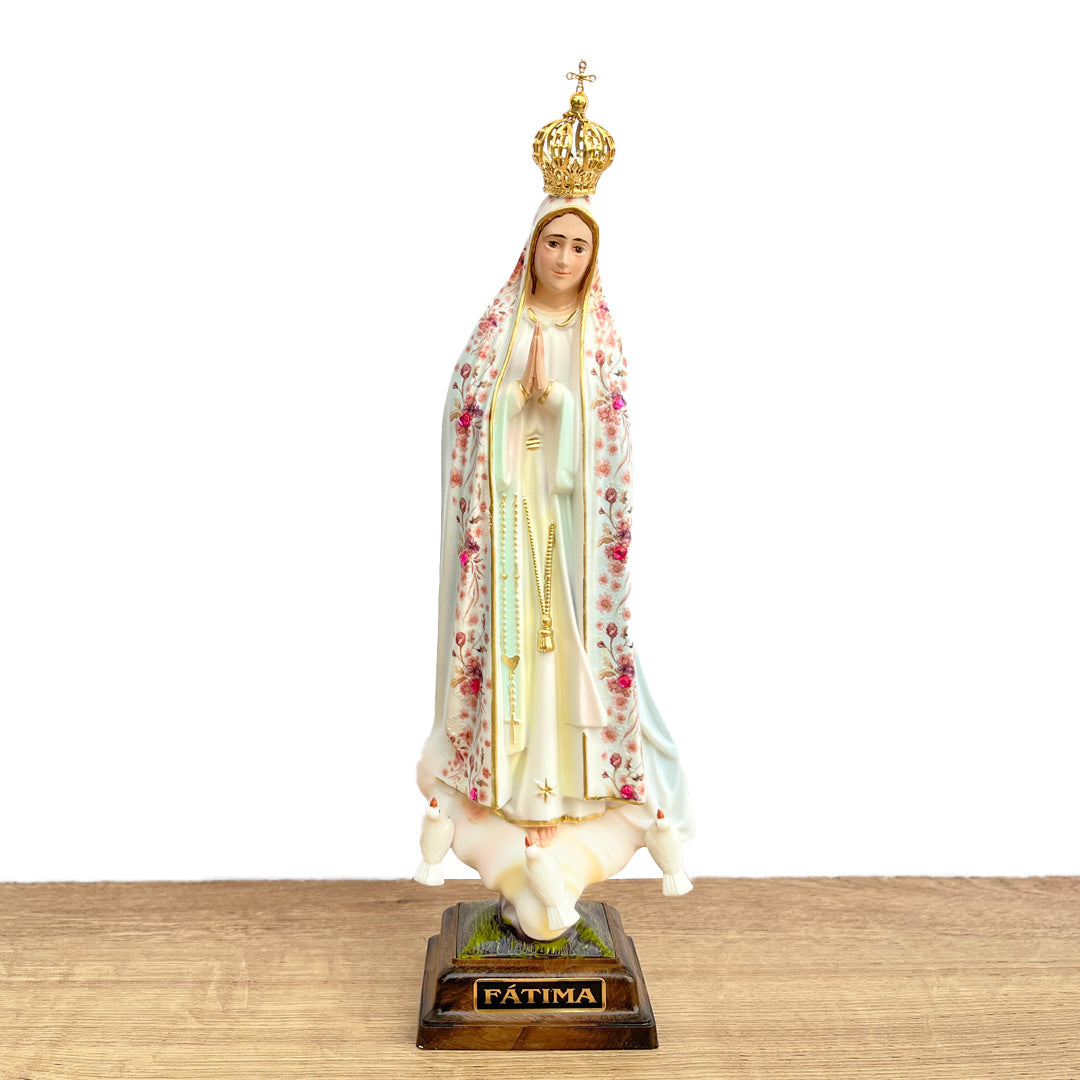 Estatua De La Virgen De Fátima Con Flores Rosadas De 28cm (11") – VII Sacramentos Colombia
