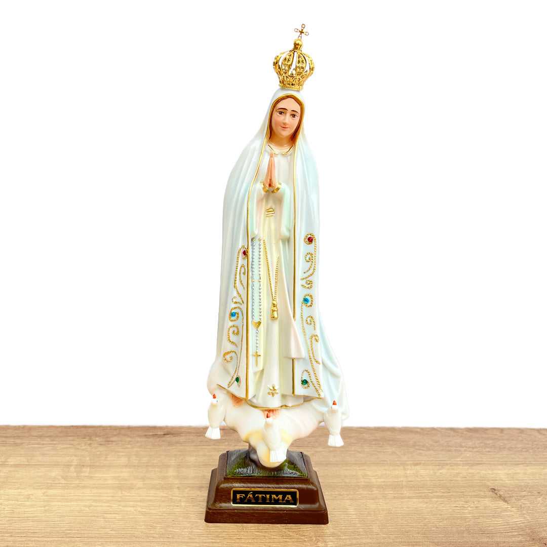 Estatua de la Virgen de Fátima con Manto en Tono Blanco Ojos Pintados - 28 cm (11”) – VII Sacramentos Colombia