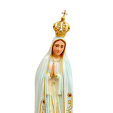 Estatua de la Virgen de Fátima con Manto en Tono Blanco Ojos Pintados - 28 cm (11”) – VII Sacramentos Colombia