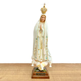 Estatua de la Virgen de Fátima con Manto en Tono Blanco y Detalles Escarchados Ojos Pintados - 28 cm (11”)