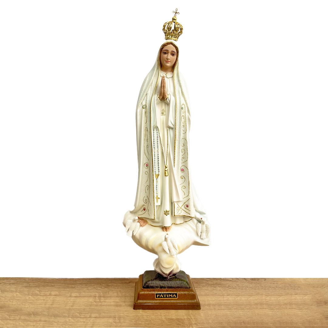 Estatua de la Virgen de Fátima con Manto en Tono Blanco y Detalles Escarchados - 50 cm (19.6”) – VII Sacramentos Colombia