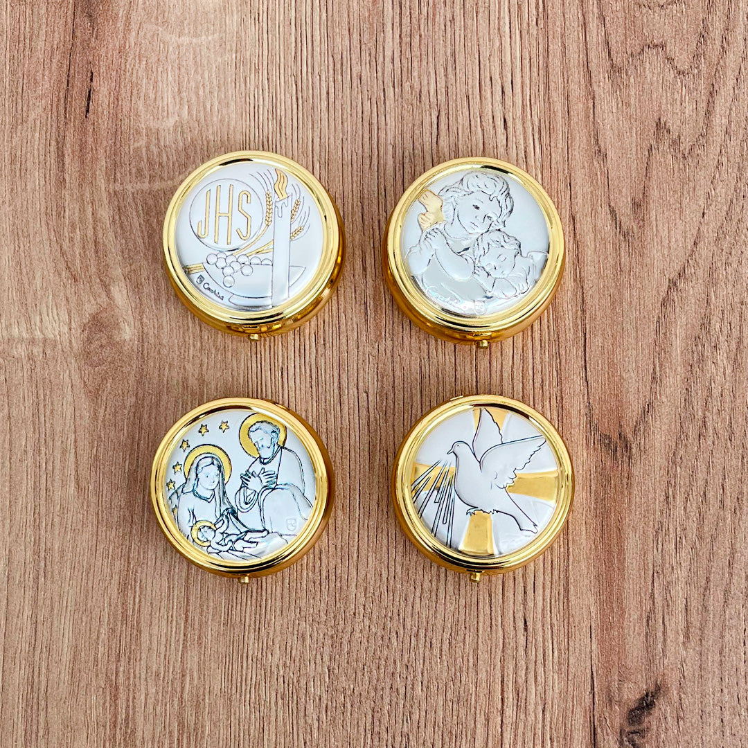 Cofre (Portaviático Hostia 3.5cm) con Imagen Religiosa y Baño en Oro Italiano – VII Sacramentos Colombia