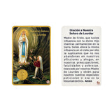 Lamina tipo creden cial con la imagen de Virgen de Lourdes y su oración