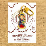 Llavero católico Virgen del Perpetuo Socorro con mosquetón dorado, dije en metal con acabado resinado sobre tarjeta con frase religiosa - VII Sacramentos Colombia