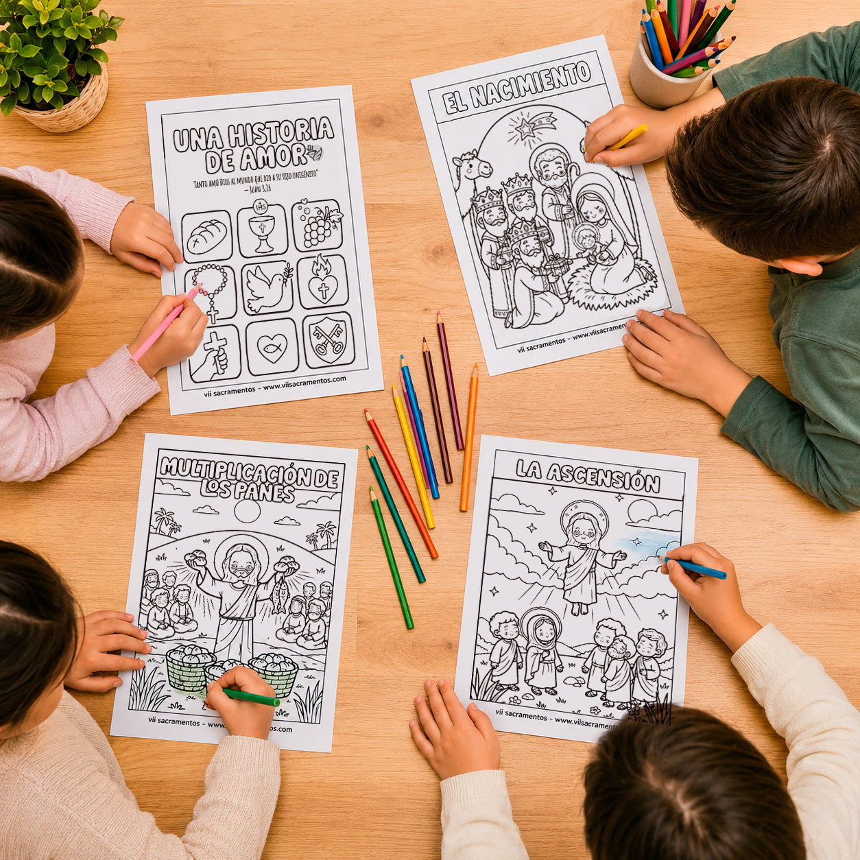 Niños coloreando el mini pack digital Una Historia de Amor: Nacimiento, Multiplicación de los Panes y la Ascensión – VII Sacramentos Colombia