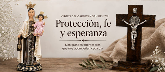 Virgen del Carmen junto a la Cruz de San Benito, dos poderosos símbolos de protección espiritual católica.