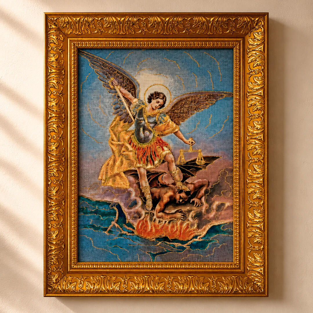Cuadro Gobelino San Miguel Arcángel Marco Dorado 55x41cm