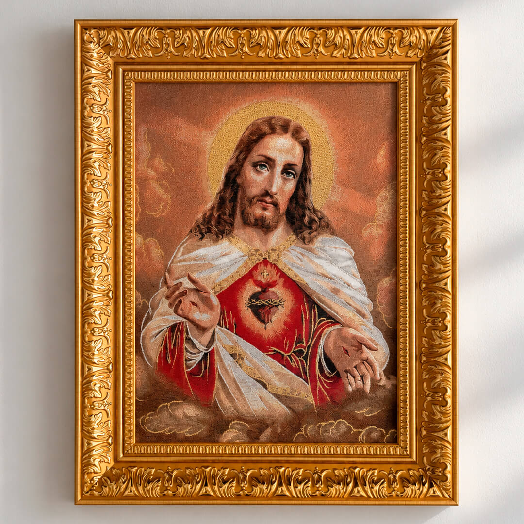 Cuadro Gobelino Sagrado Corazón de Jesús Tonos Dorados con Marco Dorado 55x41cm