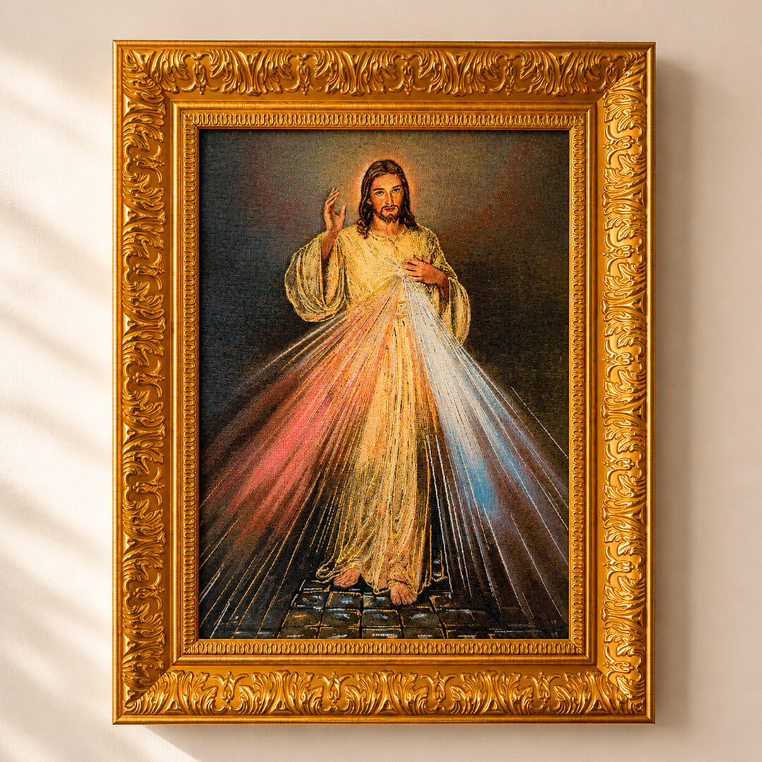 Cuadro Gobelino Jesús de la Divina Misericordia Marco Dorado 55x41cm