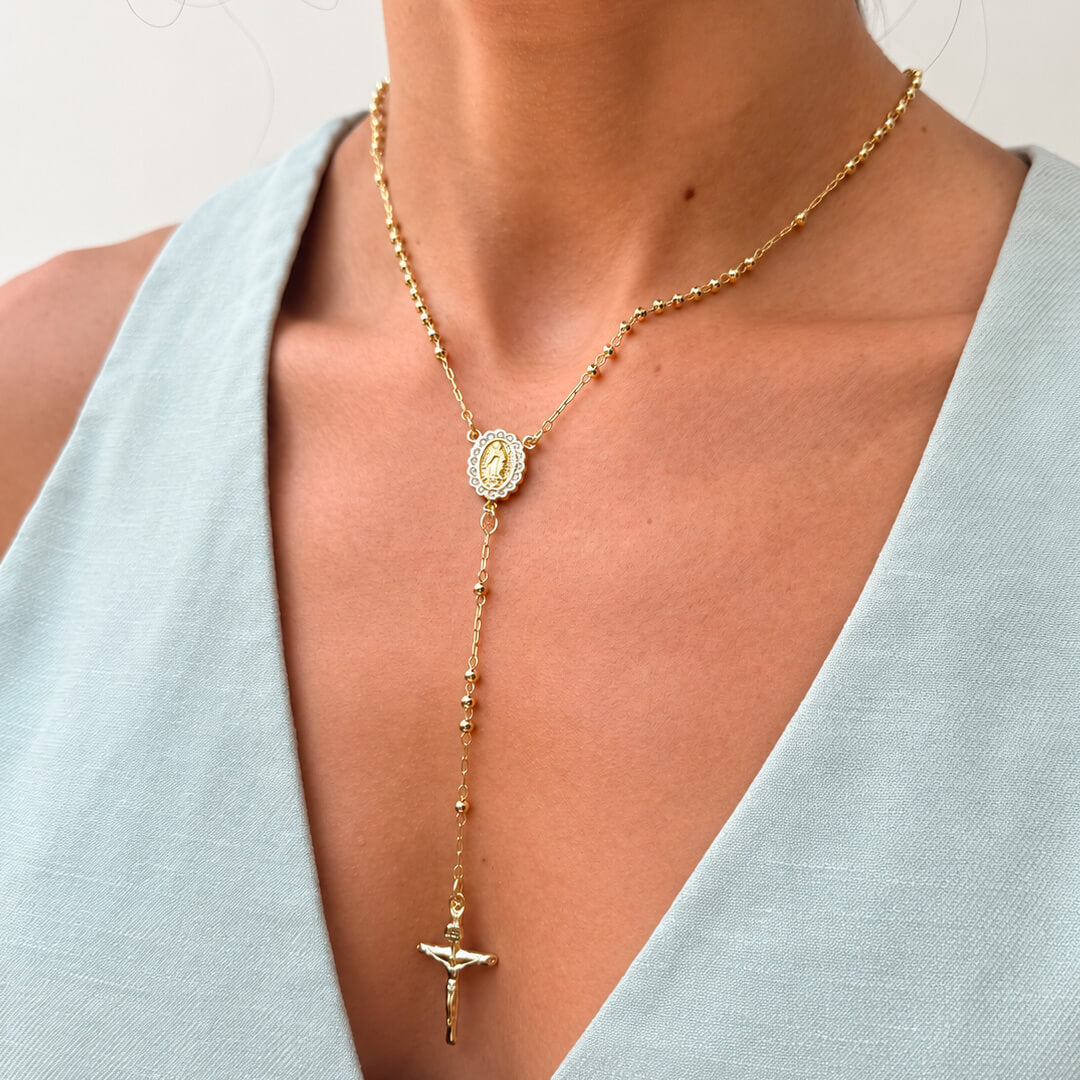 Rosario engastado Virgen de Guadalupe colgante en rodio y oro 14k
