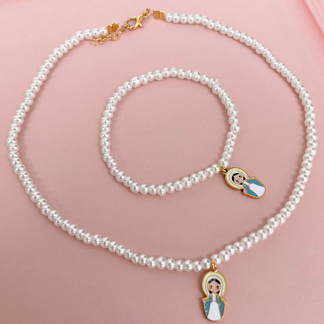 Collar y Pulsera de Perla Blanca Virgen Niña