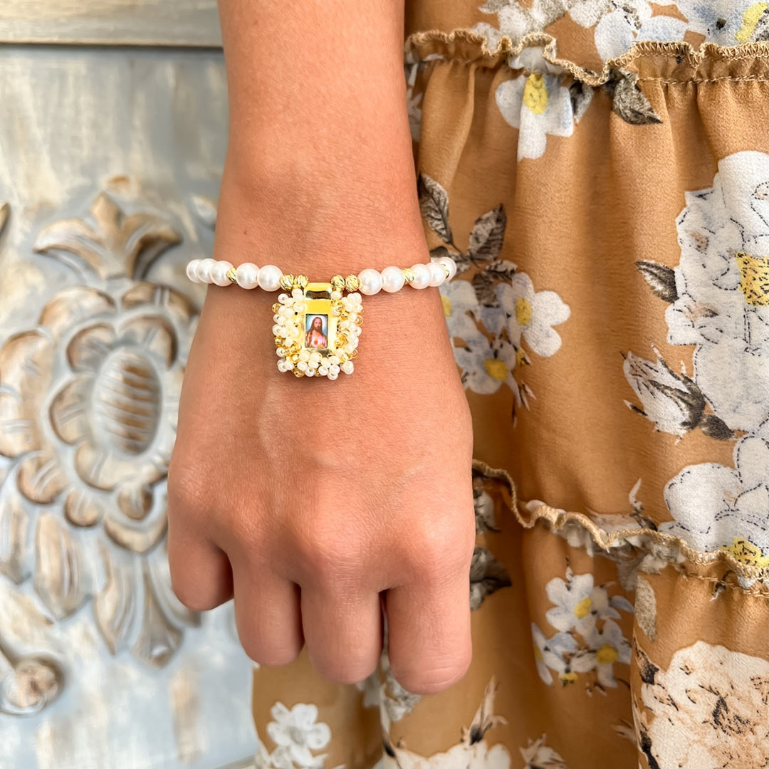 Pulsera Escapulario Rebordado con Perlas