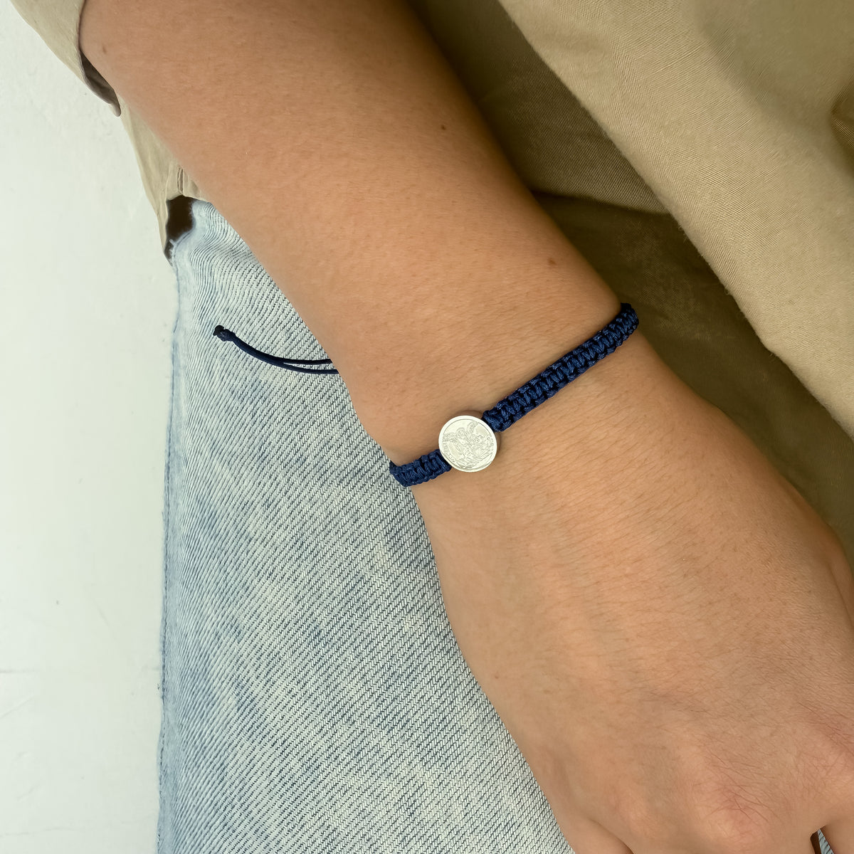 Pulsera Tejida Medalla Acero Plateado San Miguel Arcángel