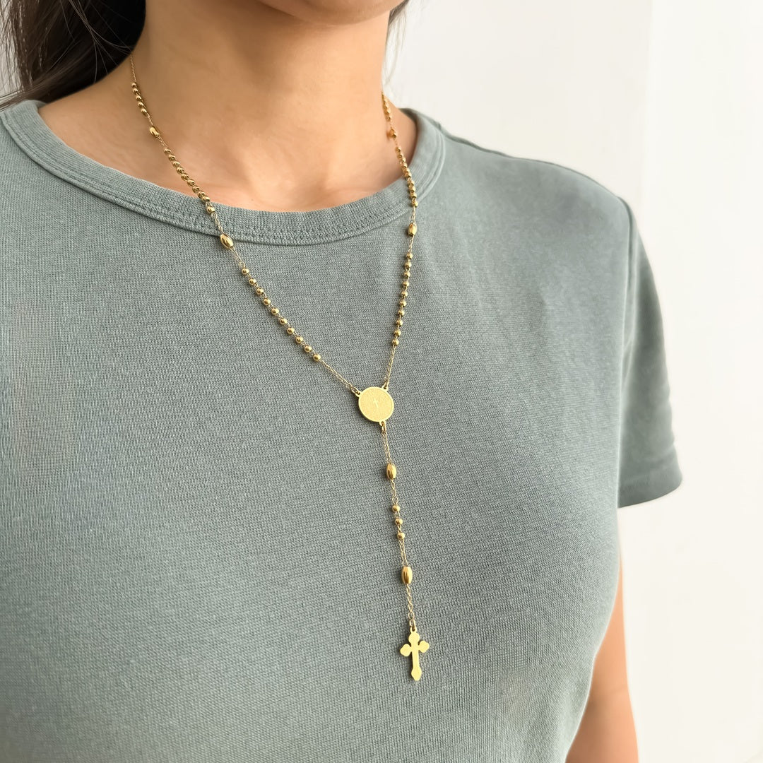 Rosario Balin de Acero con Cadena en Acero Dorado Y Crucero de Padre Nuestro– VII Sacramentos Colombia
