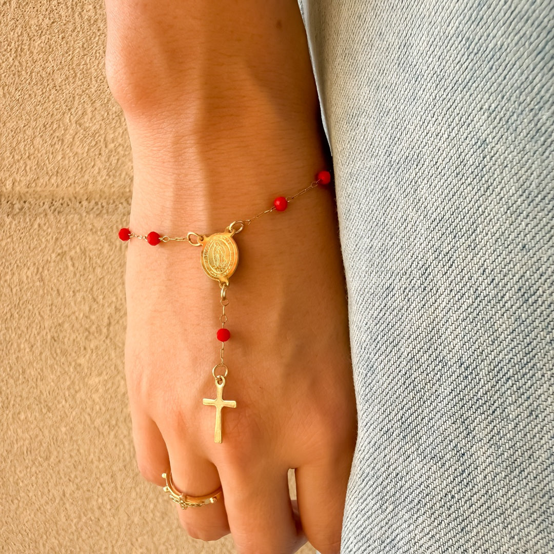 Pulsera Denario en Acero con Cuentas de Murano Rojo – VII Sacramentos Colombia