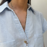 Rosario en Perla  Azul y Balin Acero con Cadena en Acero Dorado – VII Sacramentos Colombia
