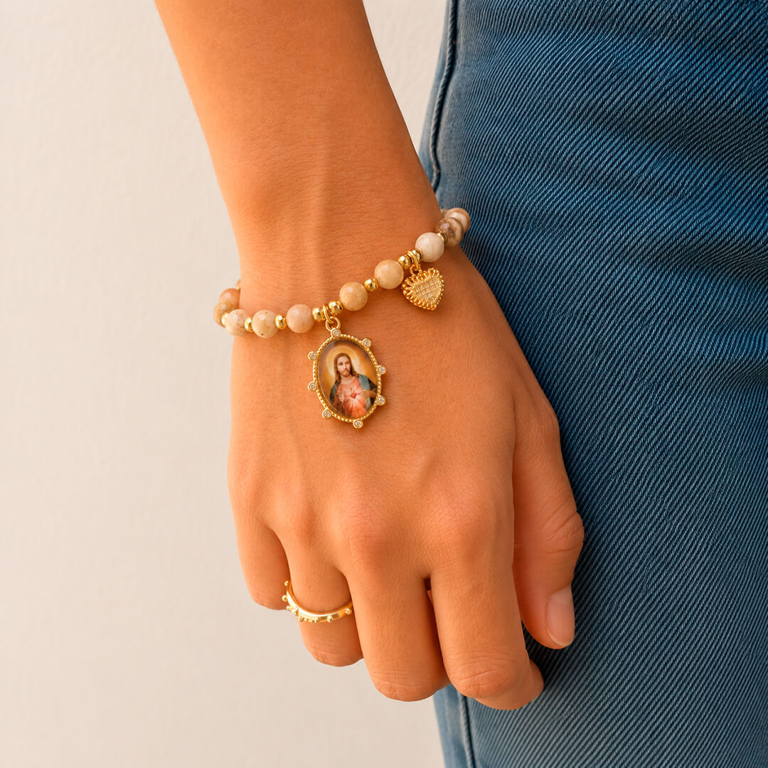 Pulsera Piedras Naturales Sagrado Corazón de Jesús con Dije Corazón