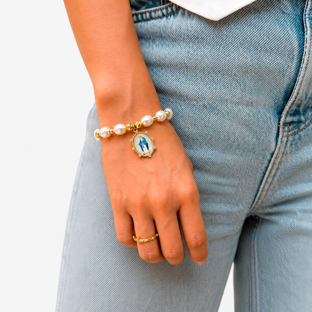 Pulsera Imitación Perla Virgen de la Medalla Milagrosa