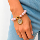 Pulsera Balín Dorado Murano Morado con Medalla Lourdes