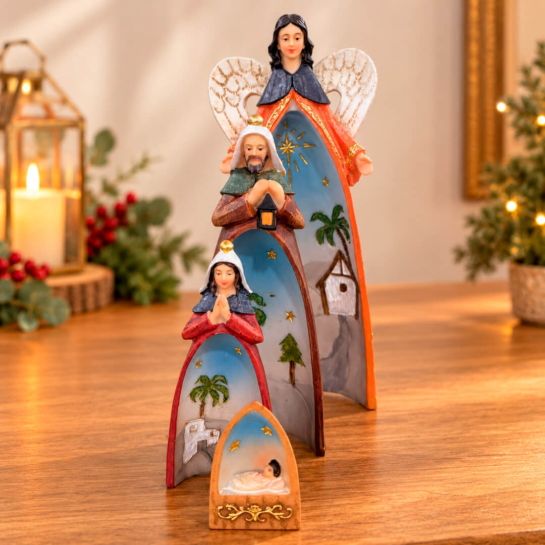 Adorno Nacimiento Sagrada Familia con Ángel 25 cm – 4 Piezas