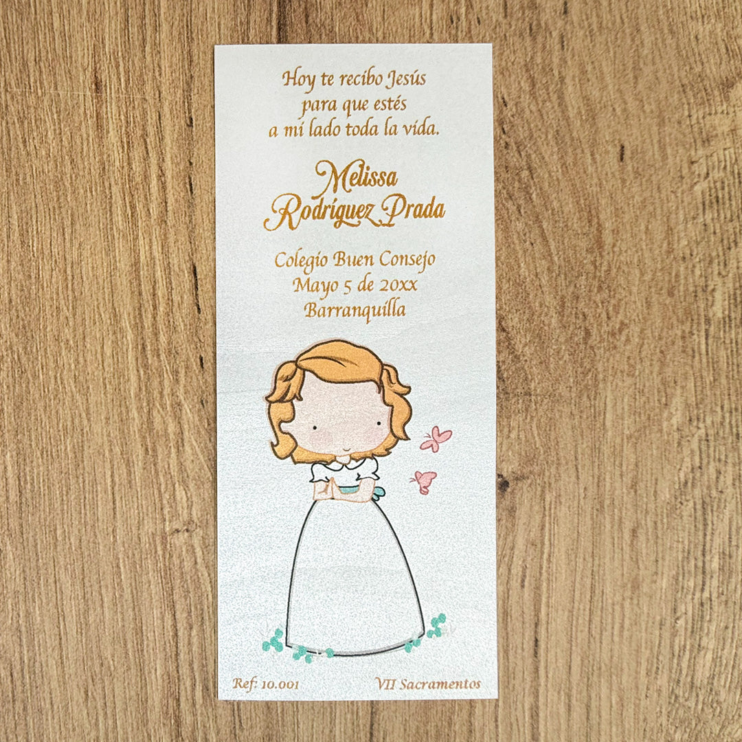 Paquete de 12 Estampas Tipo Separador para Primera Comunión Niña española Moderna – VII Sacramentos Colombia