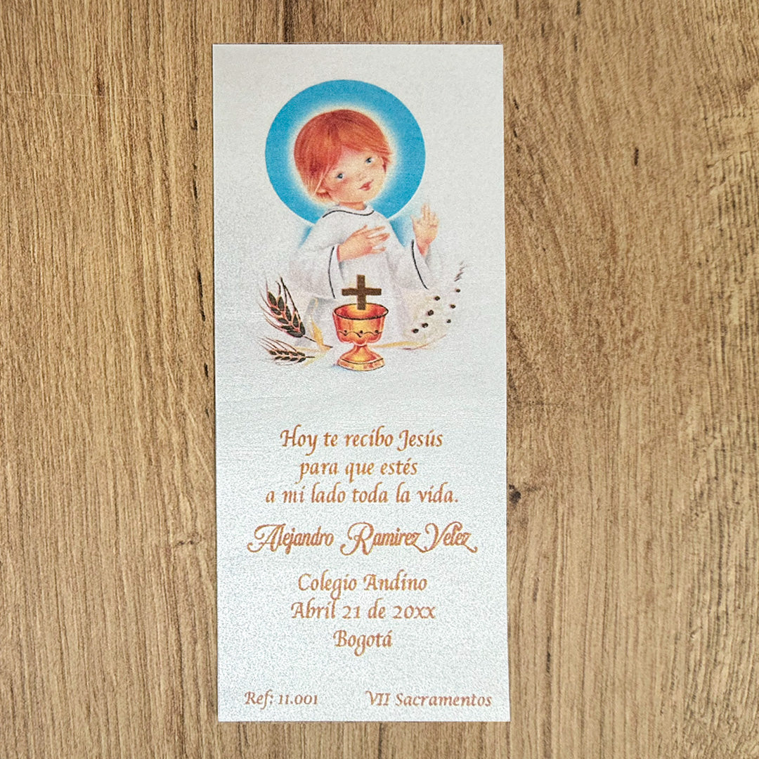 Paquete de 12 Estampas Tipo Separador para Primera Comunión Niño Tipo Español – VII Sacramentos Colombia