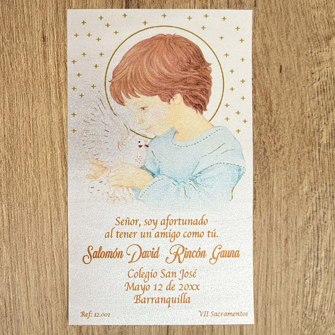 Paquete de 12 Estampas para Primera Comunión Niño con Paloma – VII Sacramentos Colombia