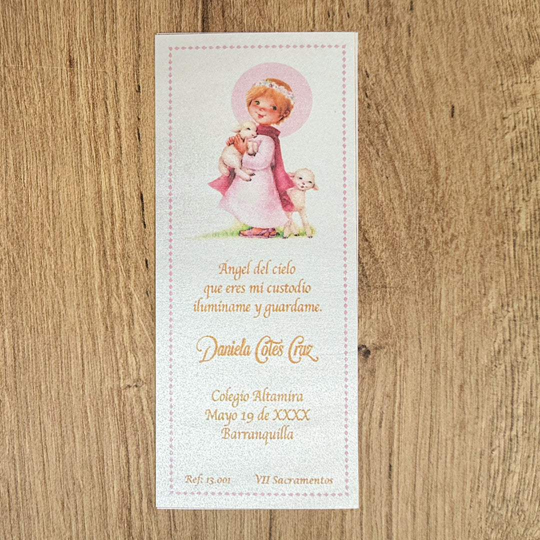 Paquete de 12 Estampas Tipo Separador para Primera Comunión Niña Pastora – VII Sacramentos Colombia