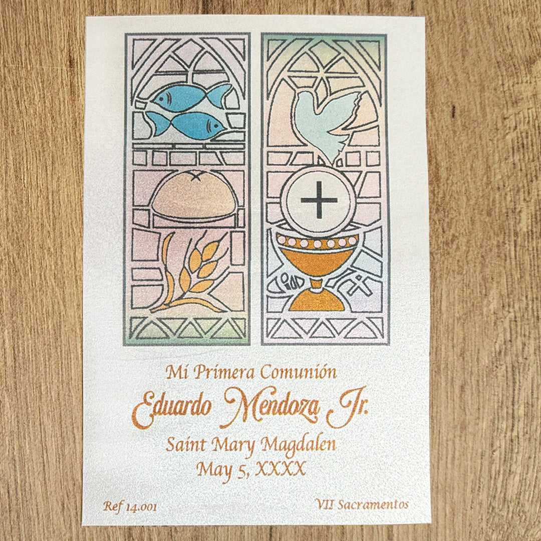 Paquete de 12 Estampas para Primera Comunión Vitral – VII Sacramentos Colombia