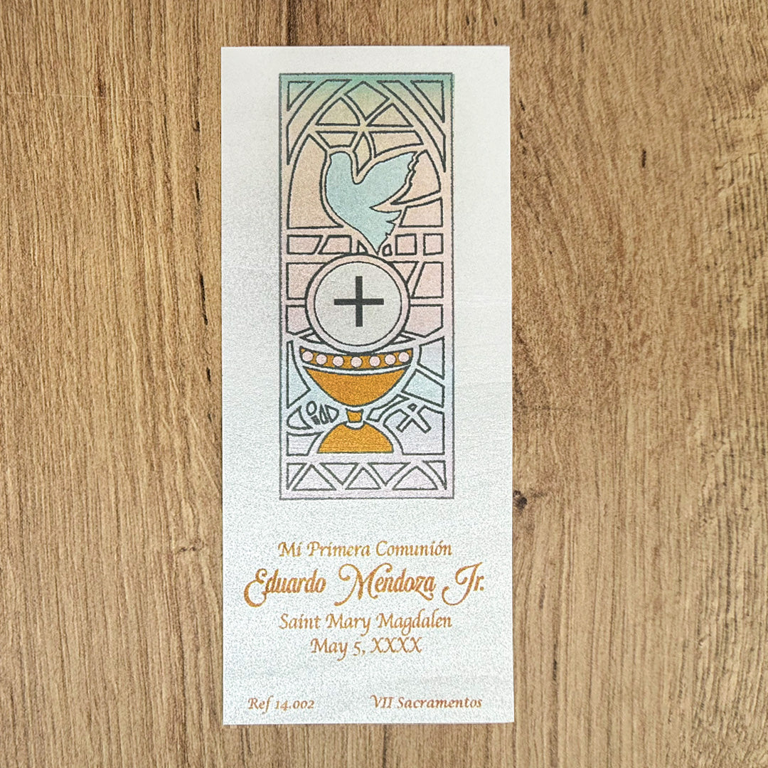 Paquete de 12 Estampas Tipo Separador para Primera Comunión Vitral– VII Sacramentos Colombia