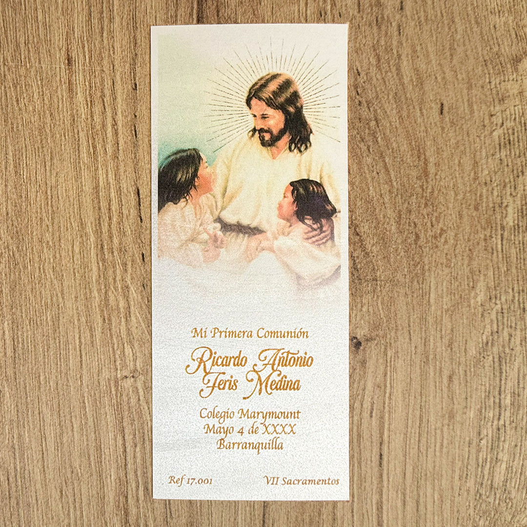 Paquete de 12 Estampas Tipo Separador para Primera Comunión Jesús con los Niños – VII Sacramentos Colombia